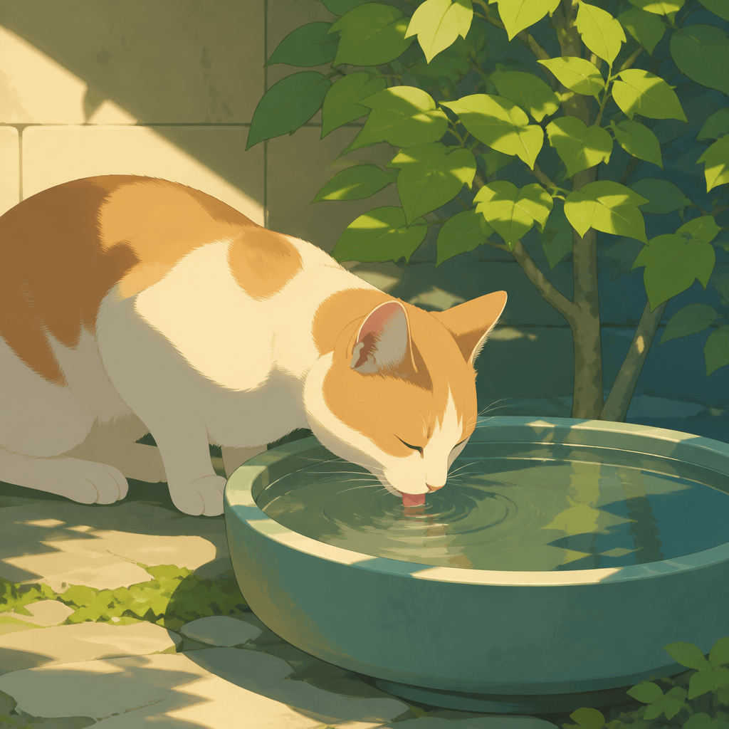 An illustrated cat drinking water from a bowl